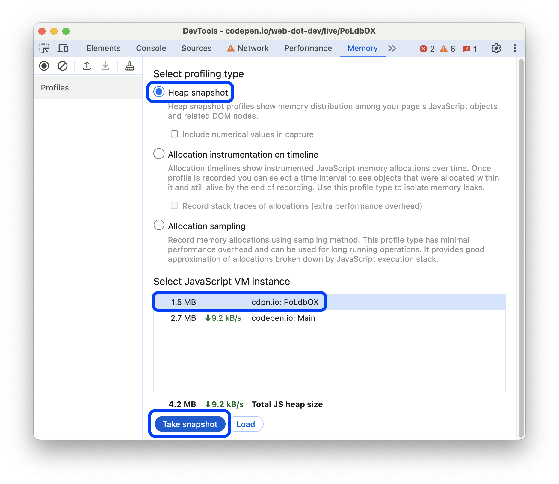 Un tipo di profilazione e un&#39;istanza VM JavaScript selezionati.