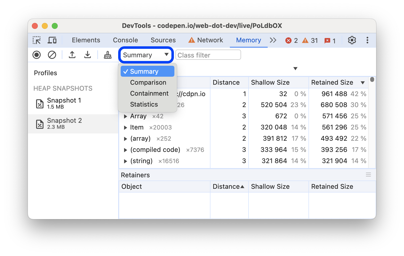 Tampilan Ringkasan dipilih dari menu drop-down di bagian atas.