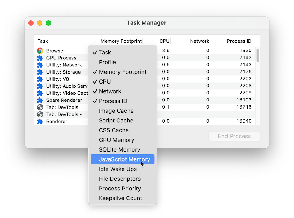 Aktivieren von JS-Speicher im Task-Manager-Header.