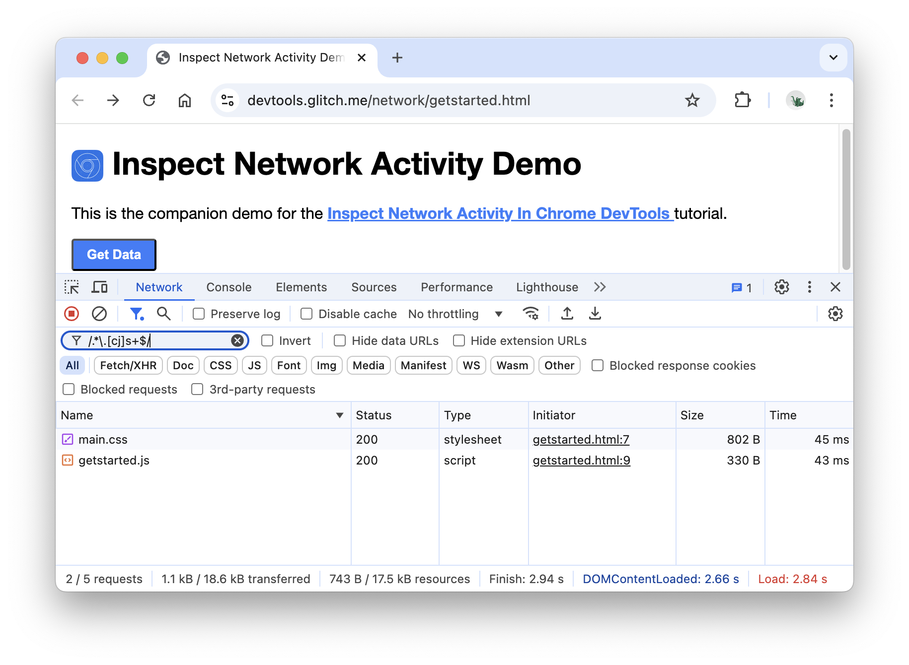 Regular expression filter results in the Network log.