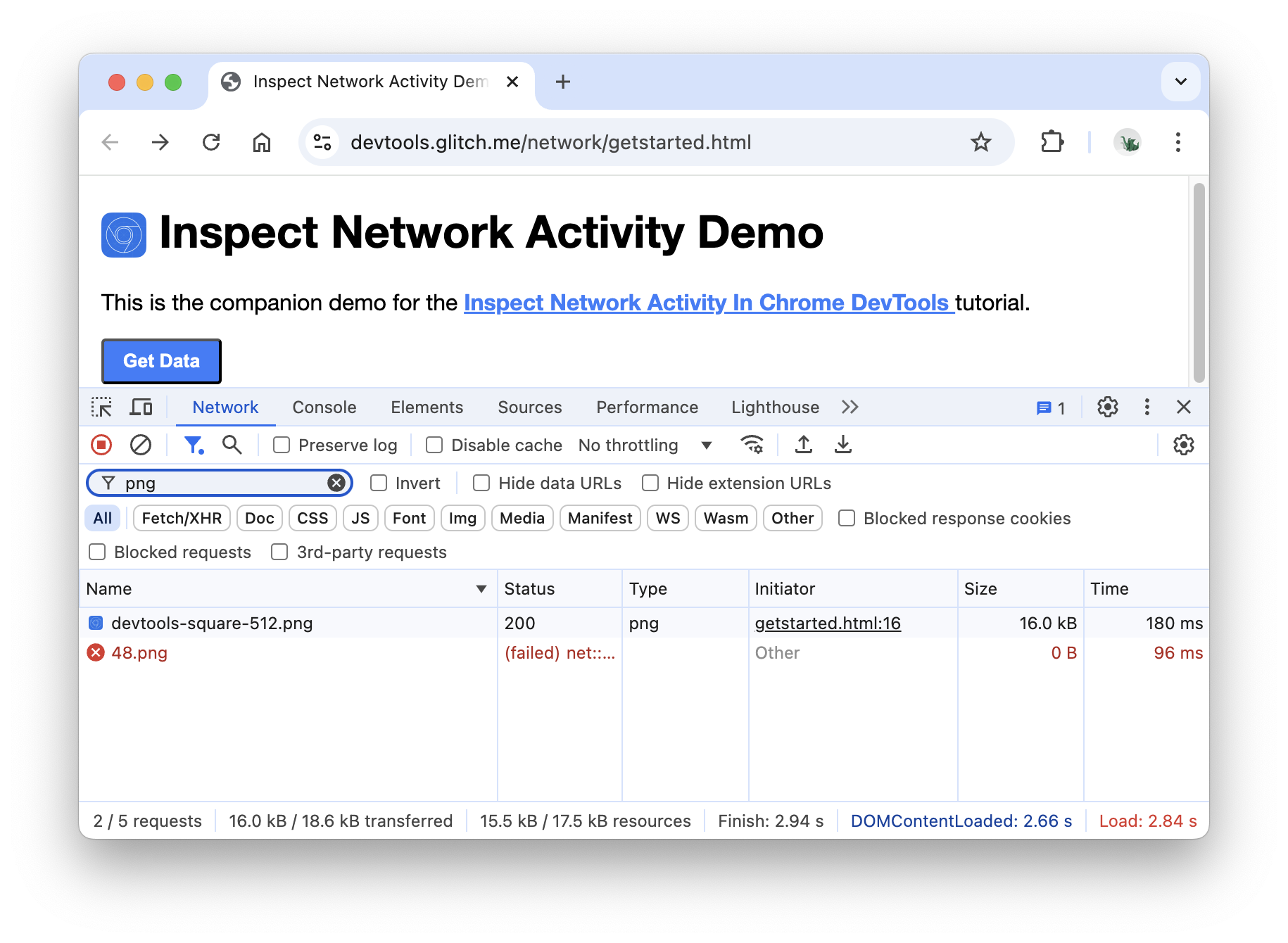 String filtering results in the Network log.