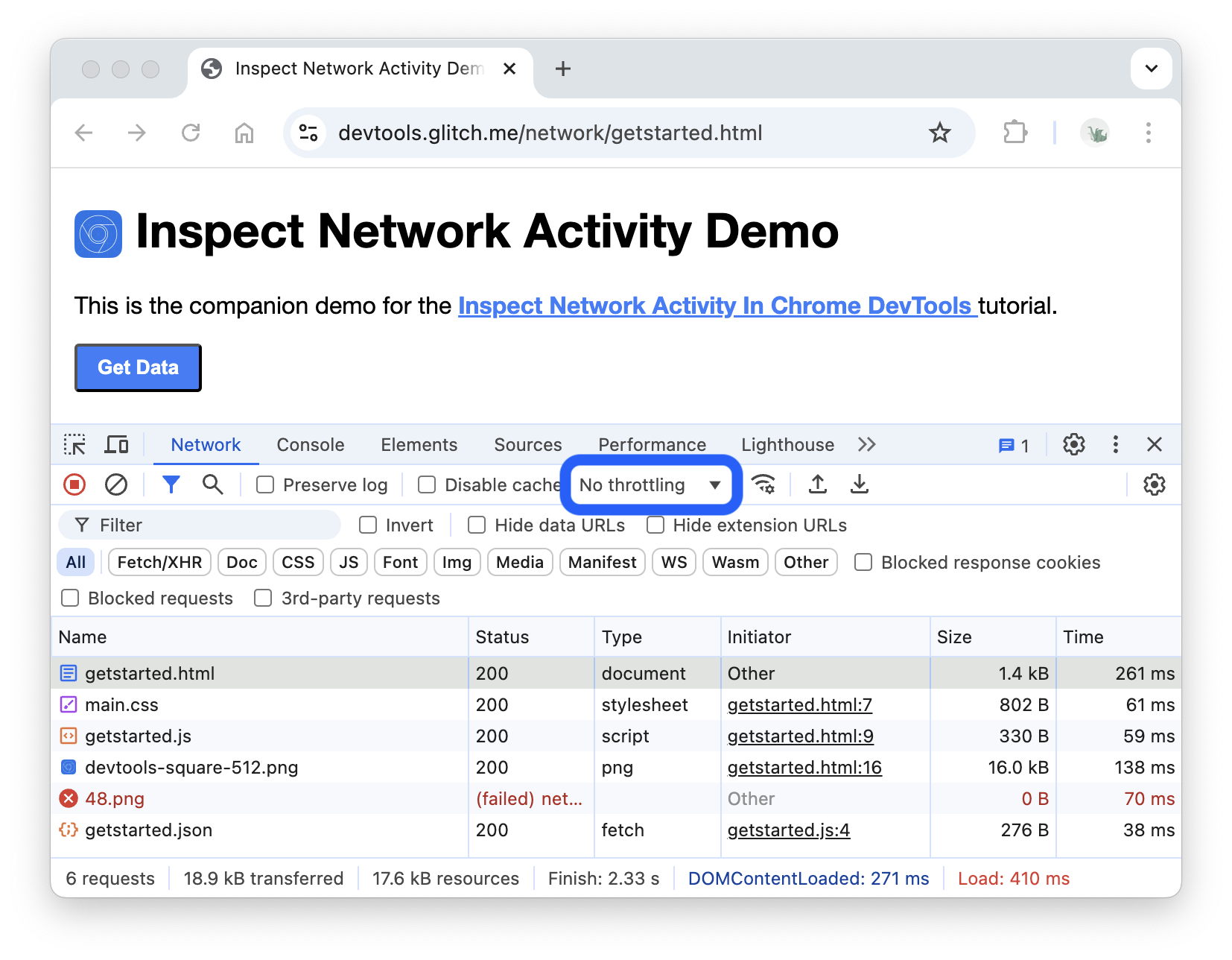 नेटवर्क पैनल में थ्रॉटलिंग का ड्रॉप-डाउन.