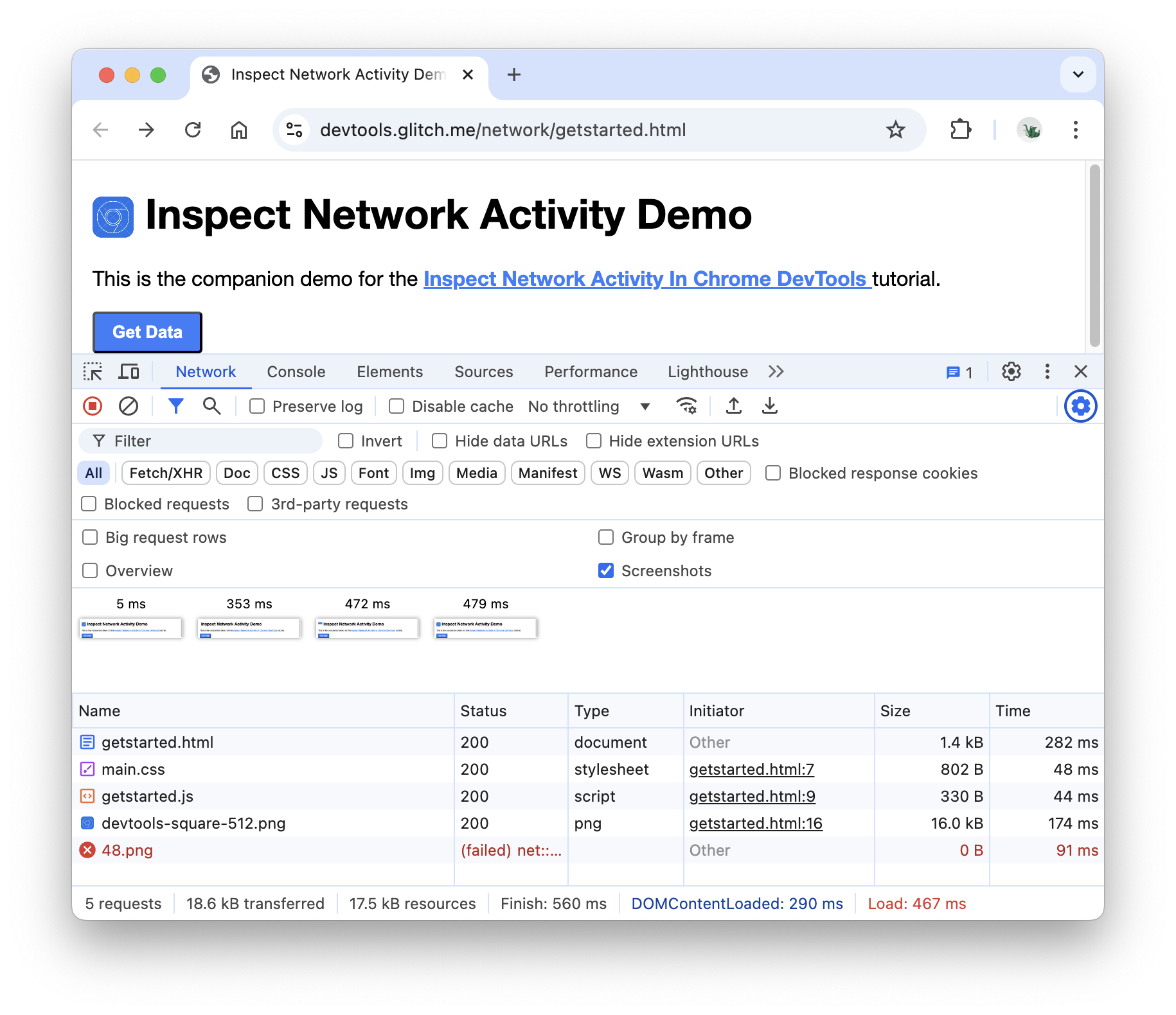 「Network」面板中網頁載入作業的螢幕截圖。