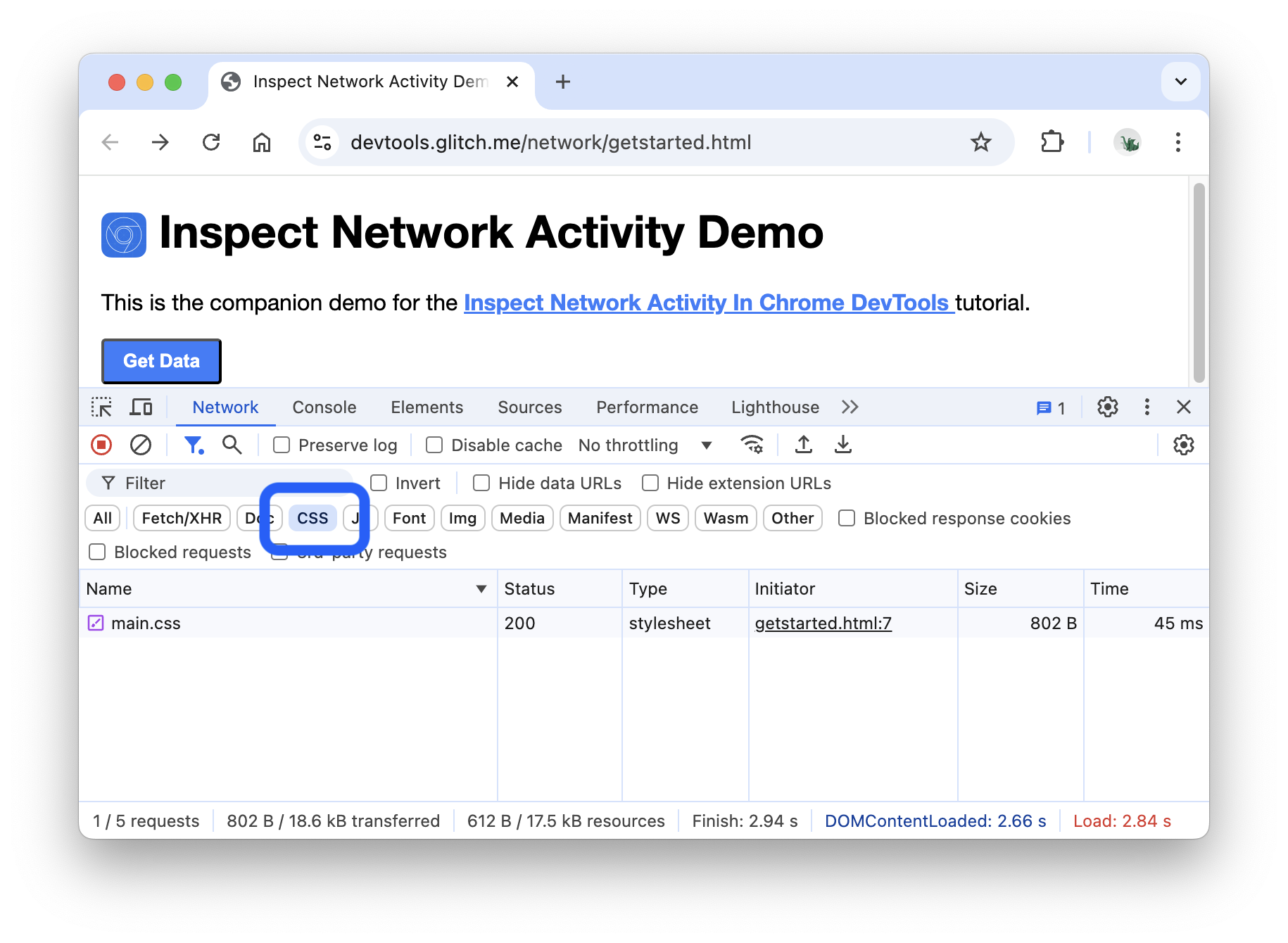 แผงเครือข่ายที่แสดงเฉพาะไฟล์ CSS