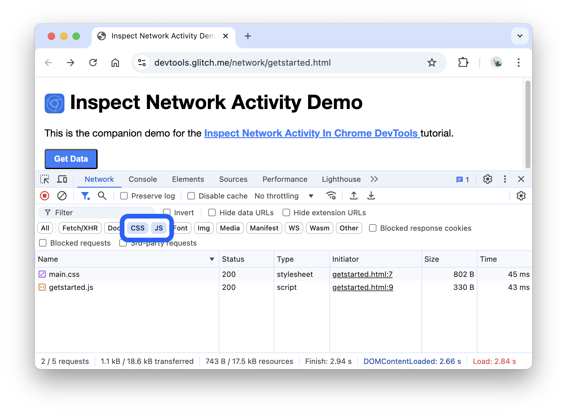 Network panel showing CSS and JS files only.