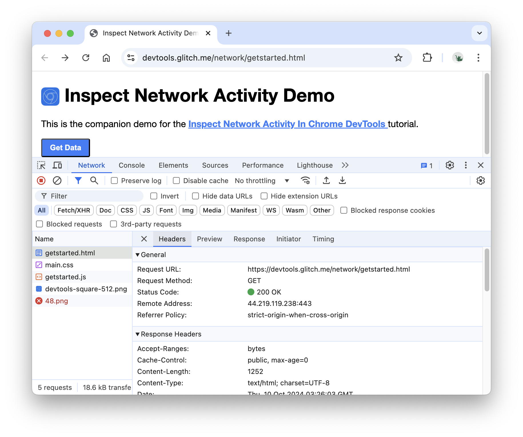 La pestaña Encabezados en el panel de redes