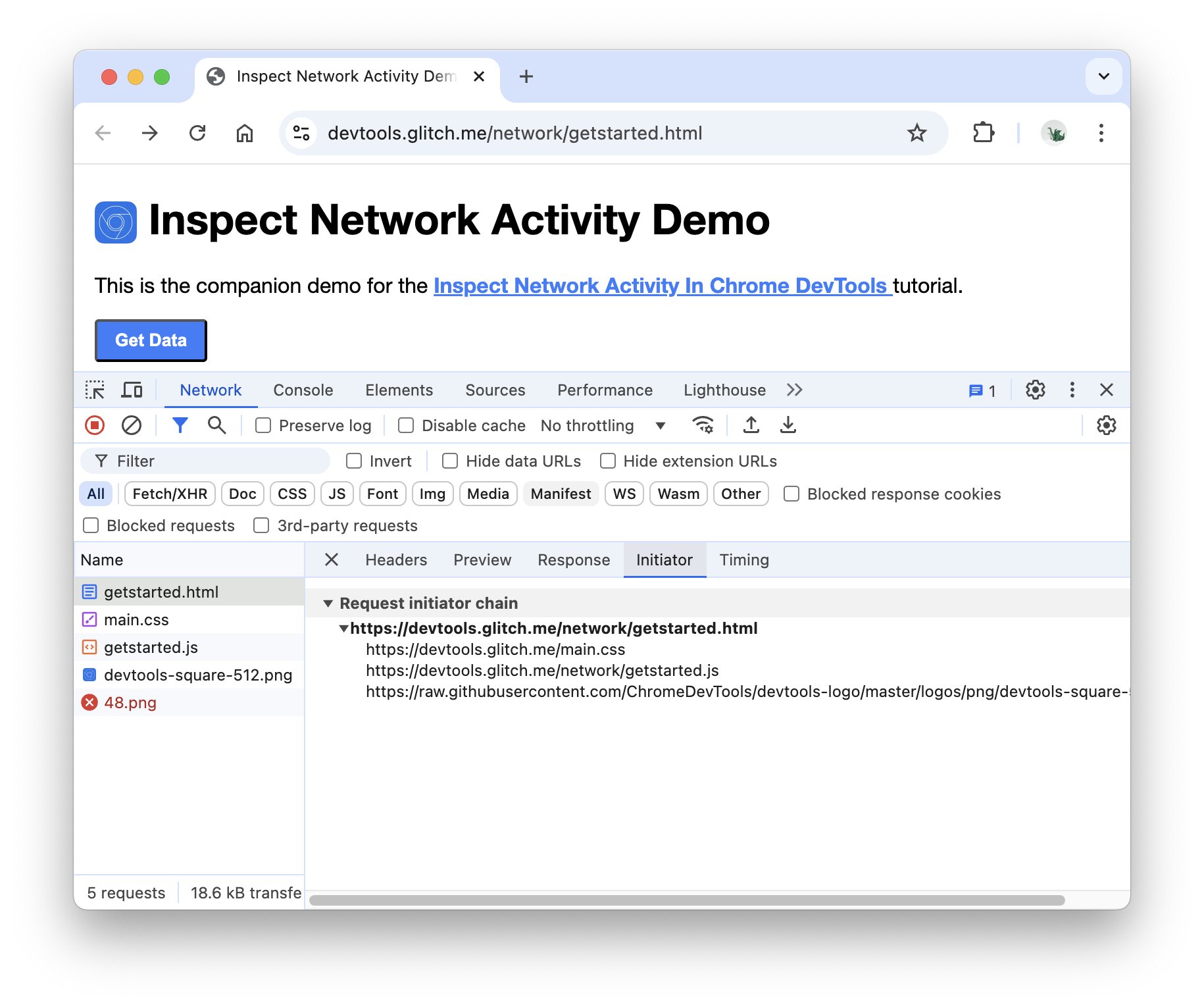 A guia "Iniciador" no painel Network.