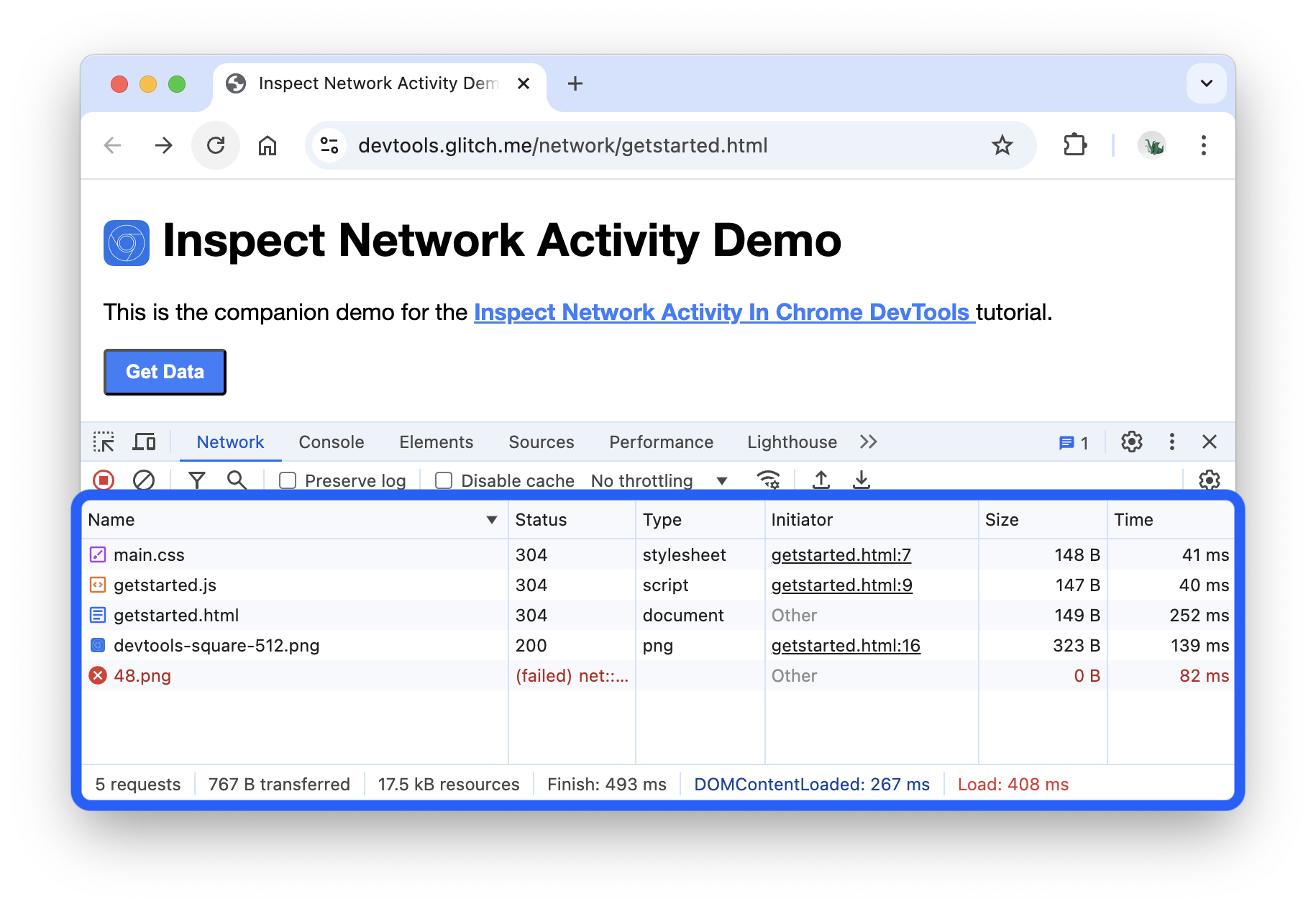 The Network Log with 5 requests.