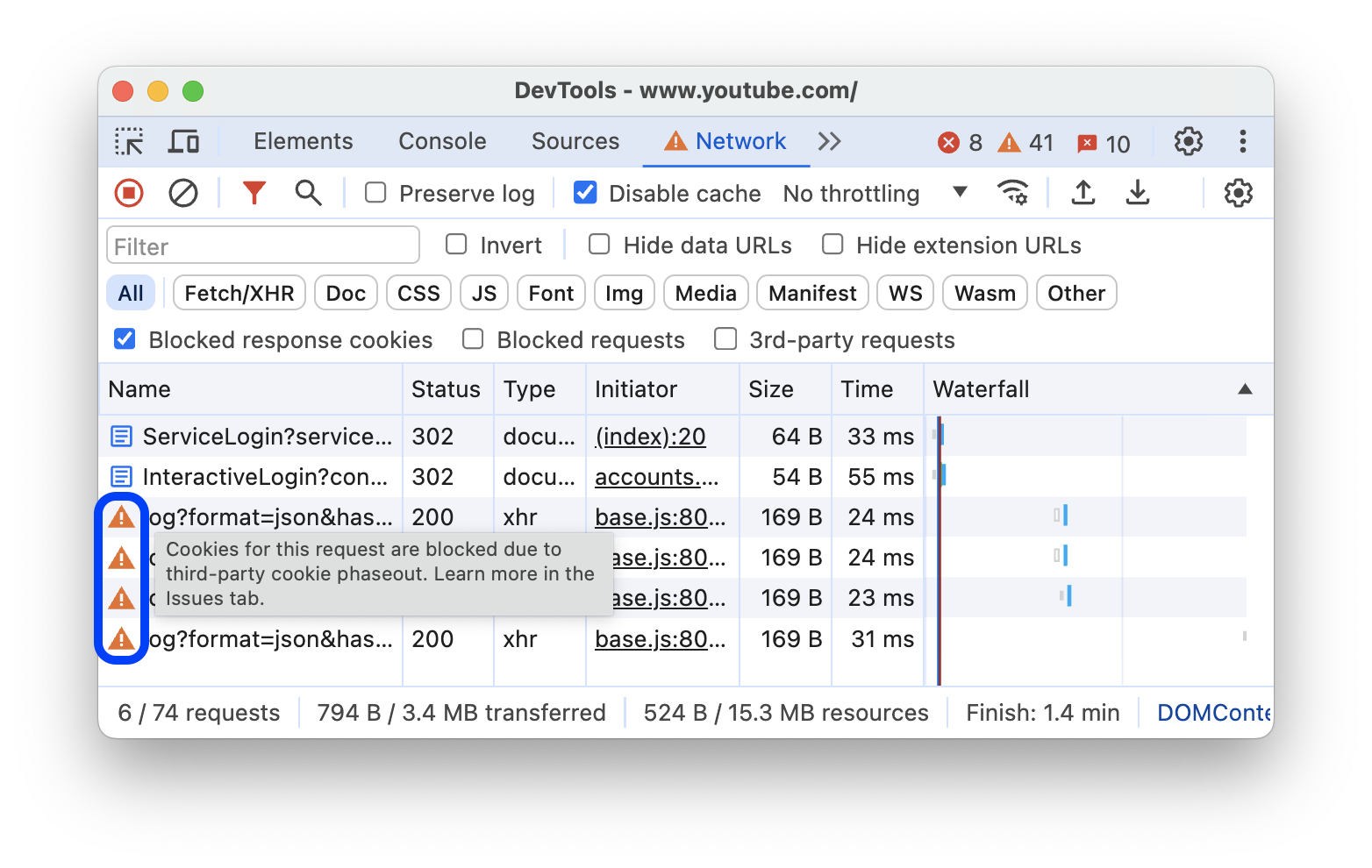 サードパーティ Cookie の段階的廃止の影響を受けるリクエストの横に表示される警告アイコン。