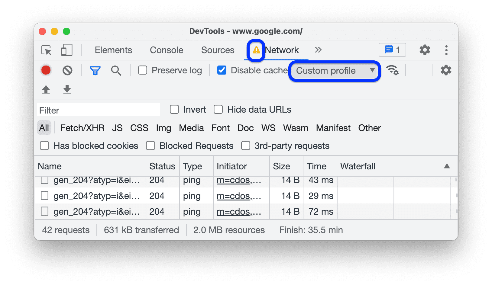 Profil kustom yang dipilih dari menu throttling. Panel Network menampilkan ikon peringatan.