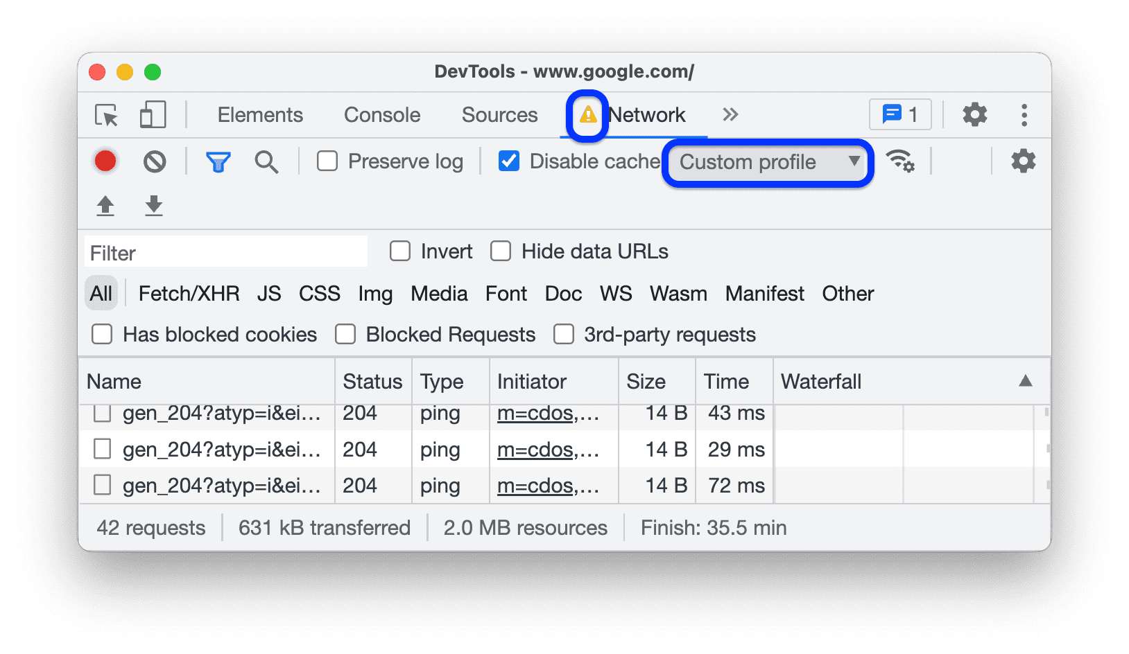 Um perfil personalizado selecionado no menu de limitação. O painel "Rede" mostra um ícone de aviso.