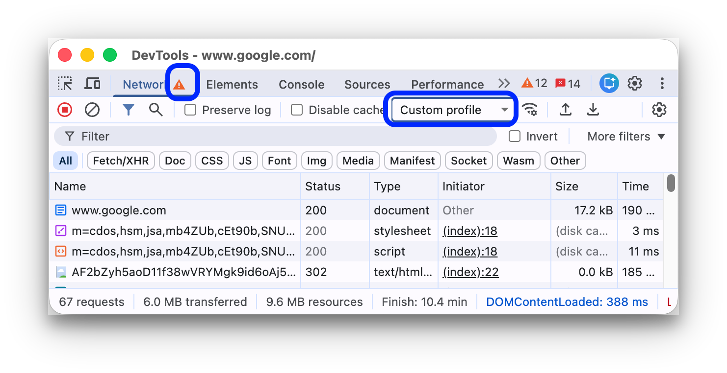 یک پروفایل سفارشی که از منوی تنظیم سرعت انتخاب شده است. پنل شبکه یک نماد هشدار را نمایش میدهد.