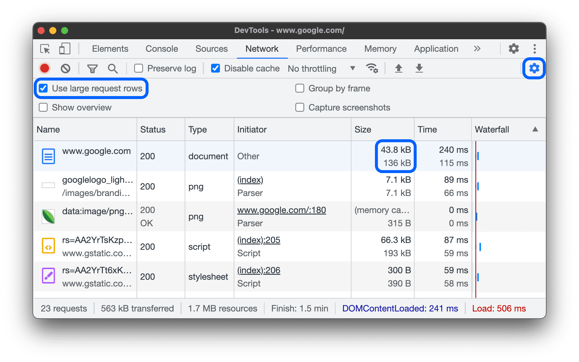圧縮されていないリソースの例。