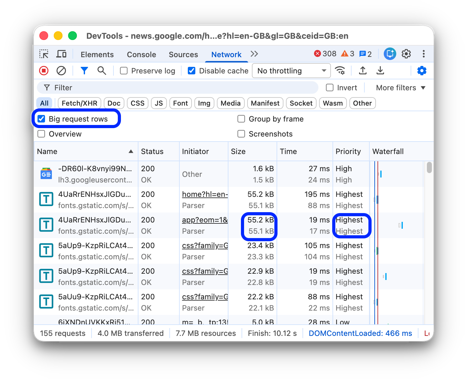 Big request rows turned on.