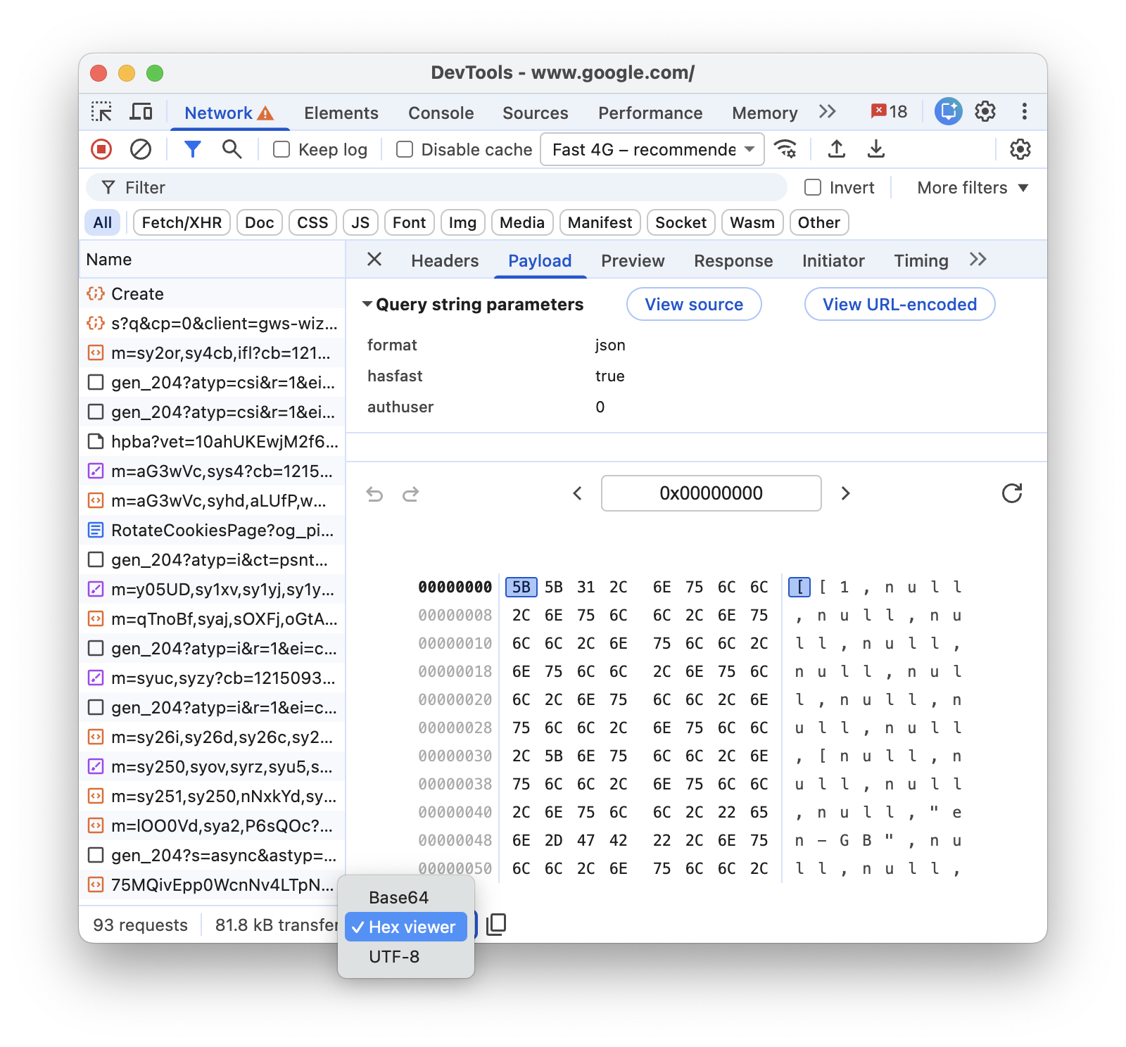 バイナリ ペイロードを表示する。