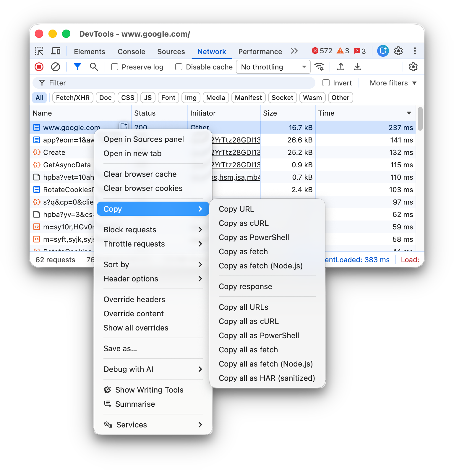 Options for copying all requests.