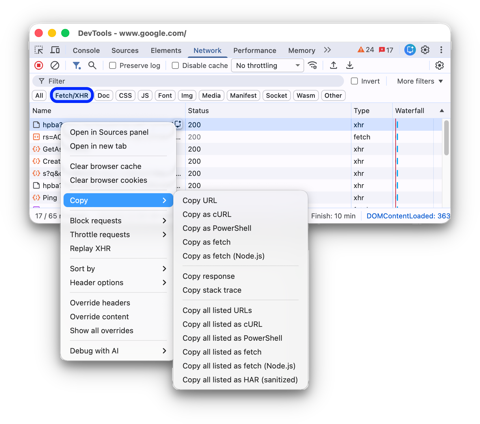 Copy options for a filtered set of requests.