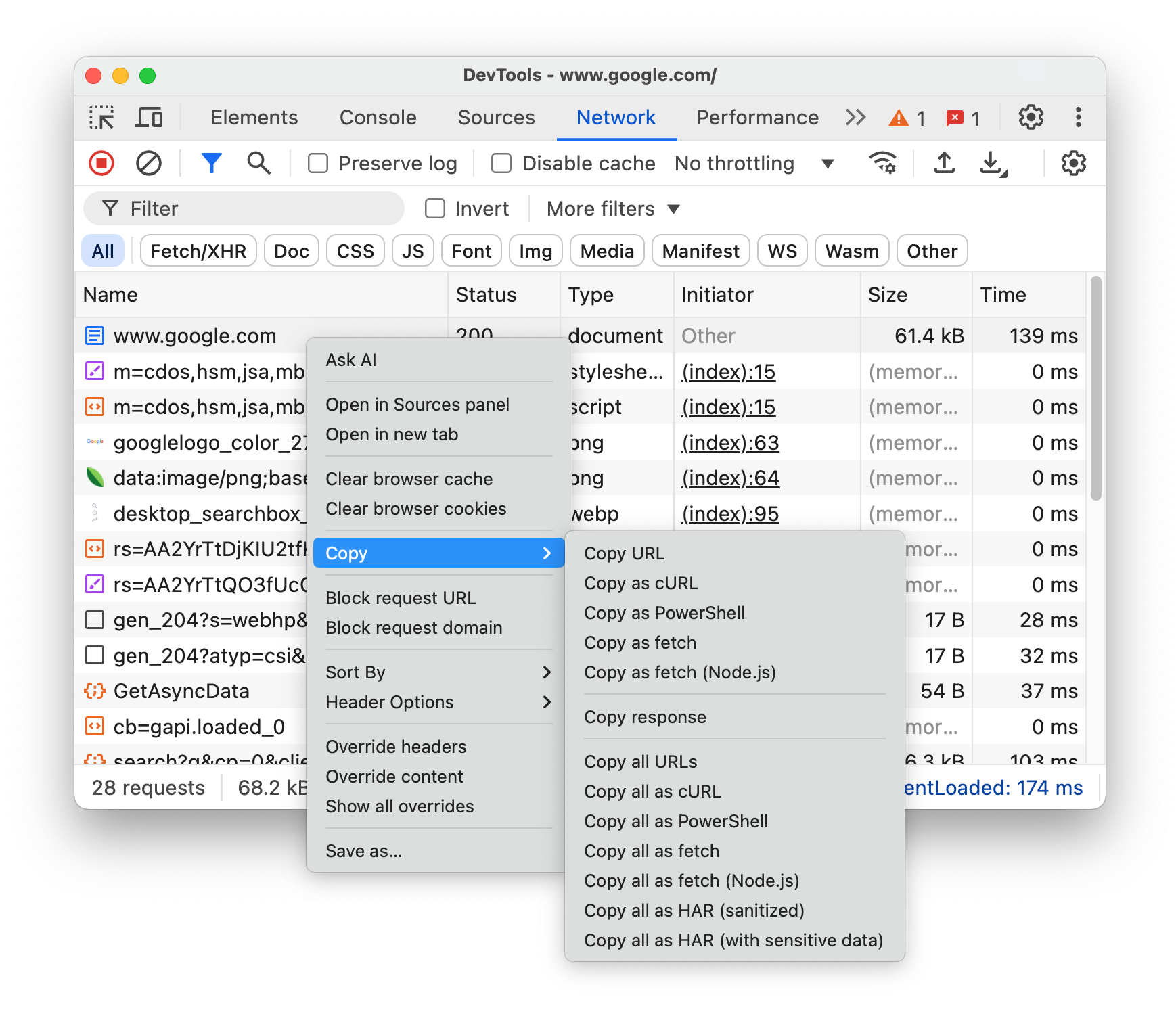 Options permettant de copier toutes les demandes.
