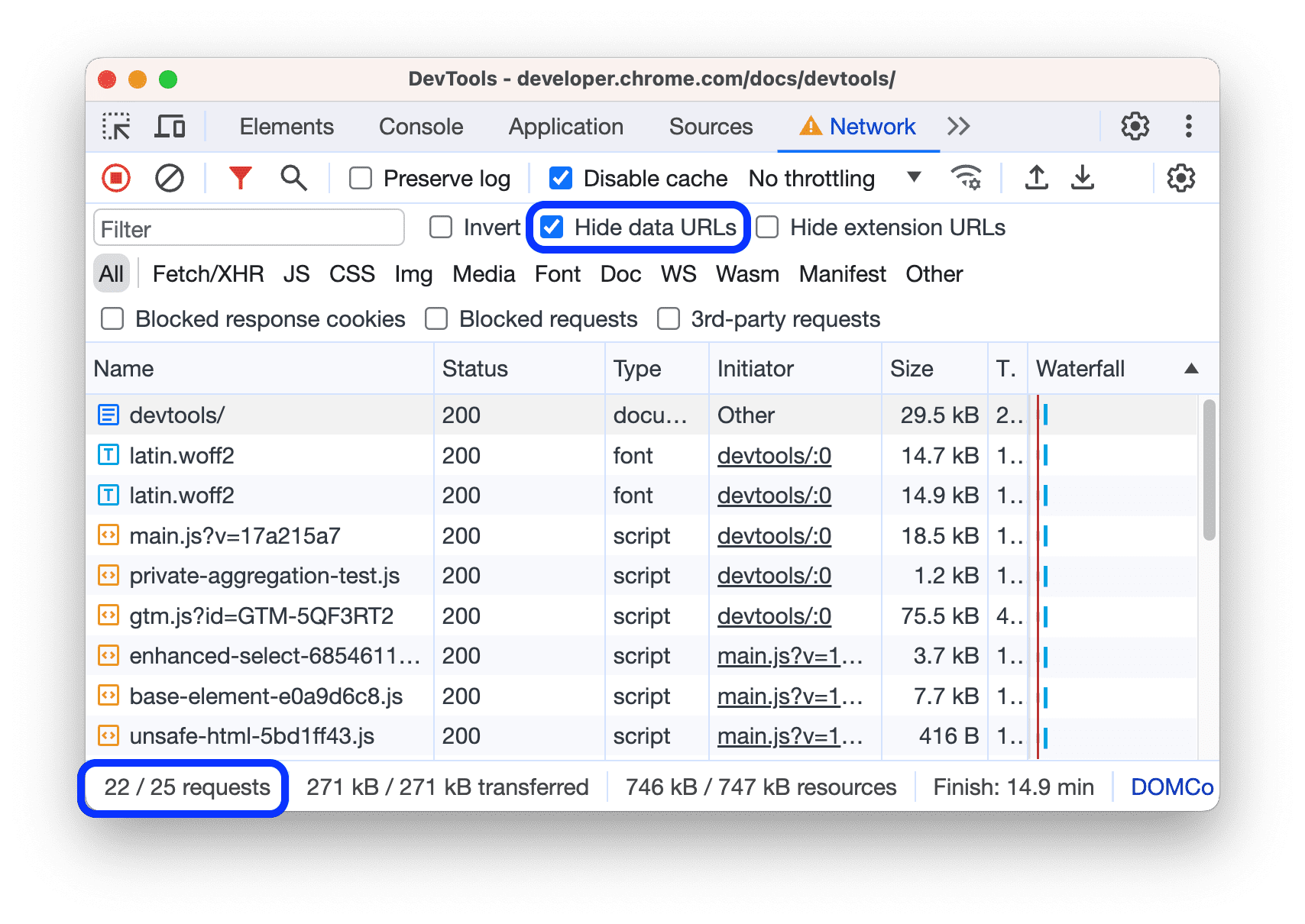 Daten-URLs, die in der Tabelle „Anfragen“ ausgeblendet sind