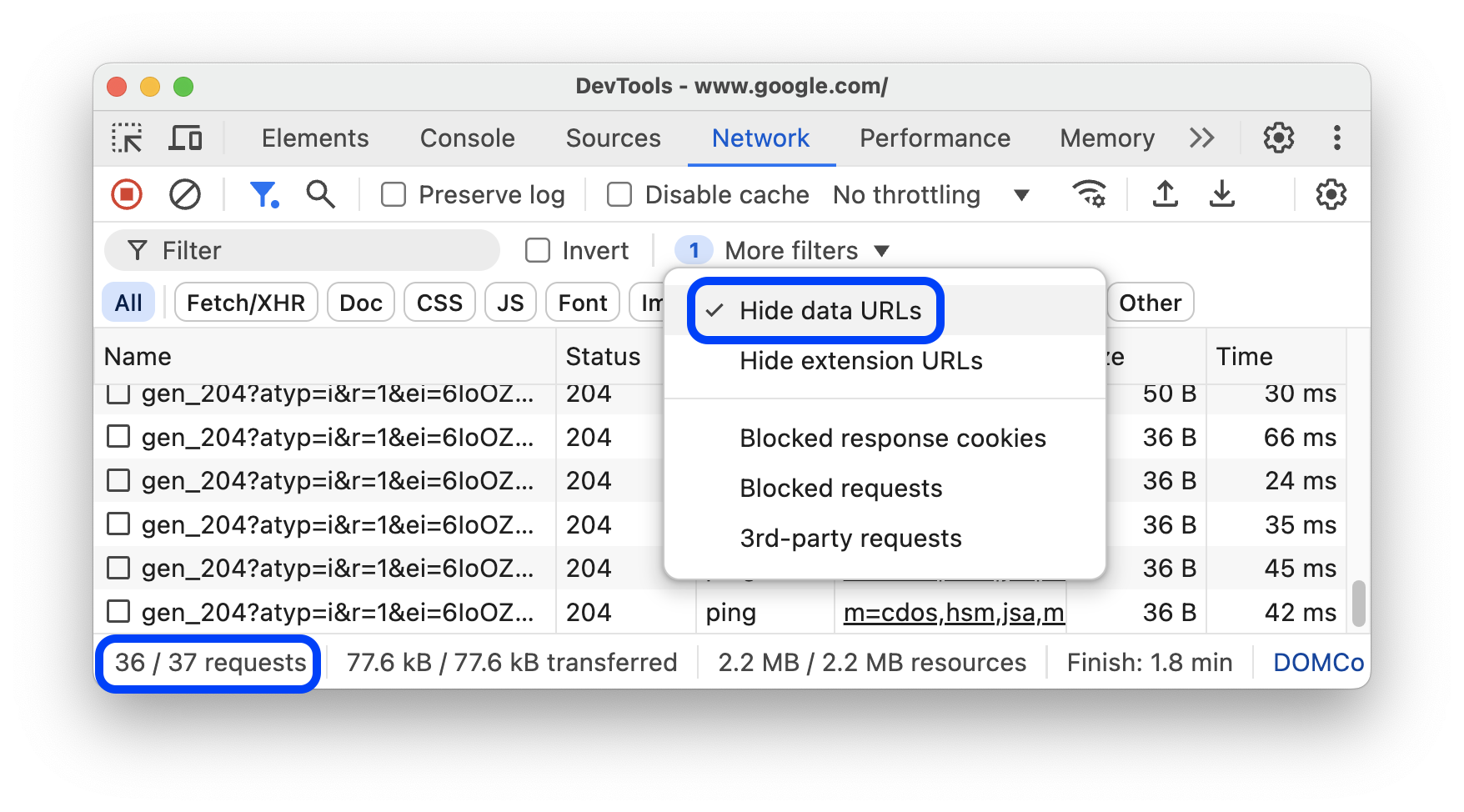URL-адреса данных скрыты в таблице запросов.
