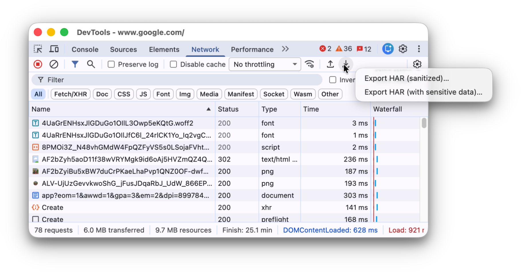 دکمهی «خروجی HAR» در نوار عملیات بالا با دو گزینهی خروجی فعال.