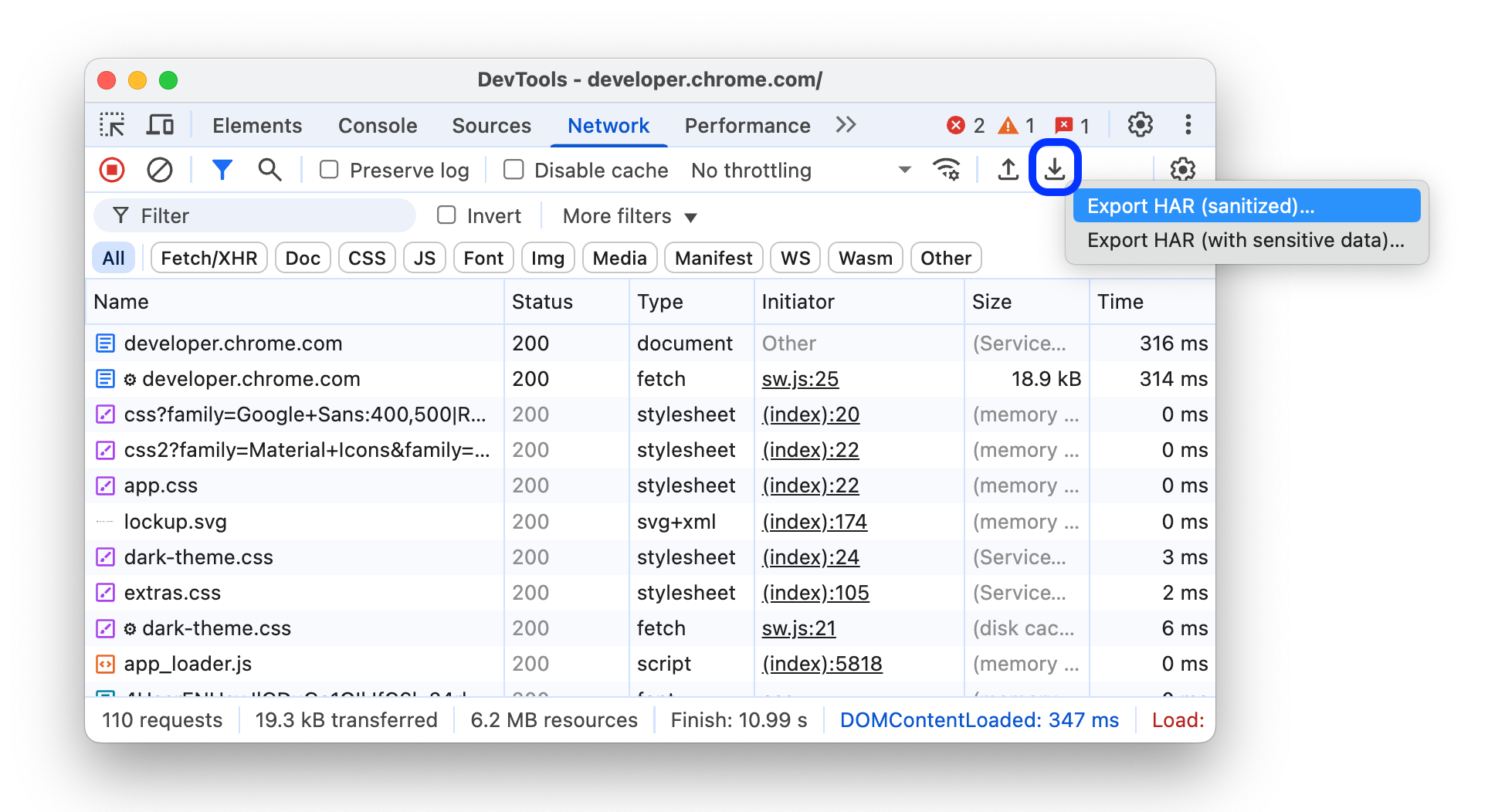 頂端動作列中的「匯出 HAR」按鈕，並啟用兩個匯出選項。