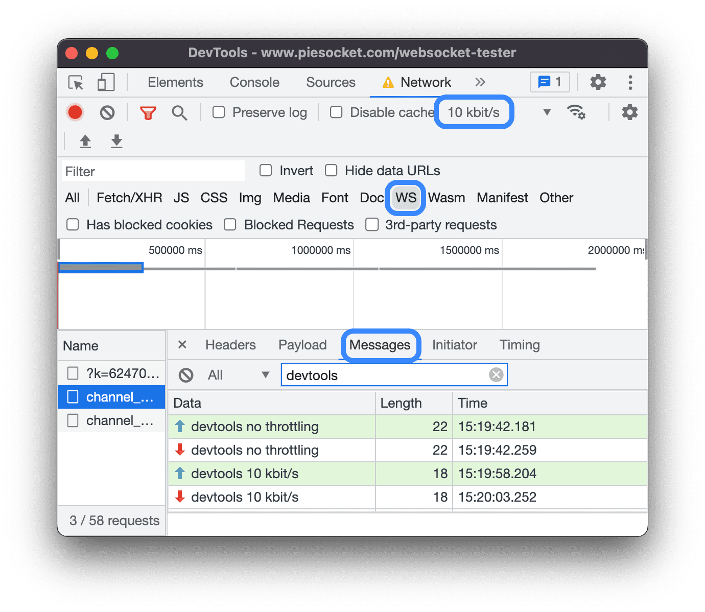 Pesan yang dikirim dan digemakan dengan dan tanpa throttling.