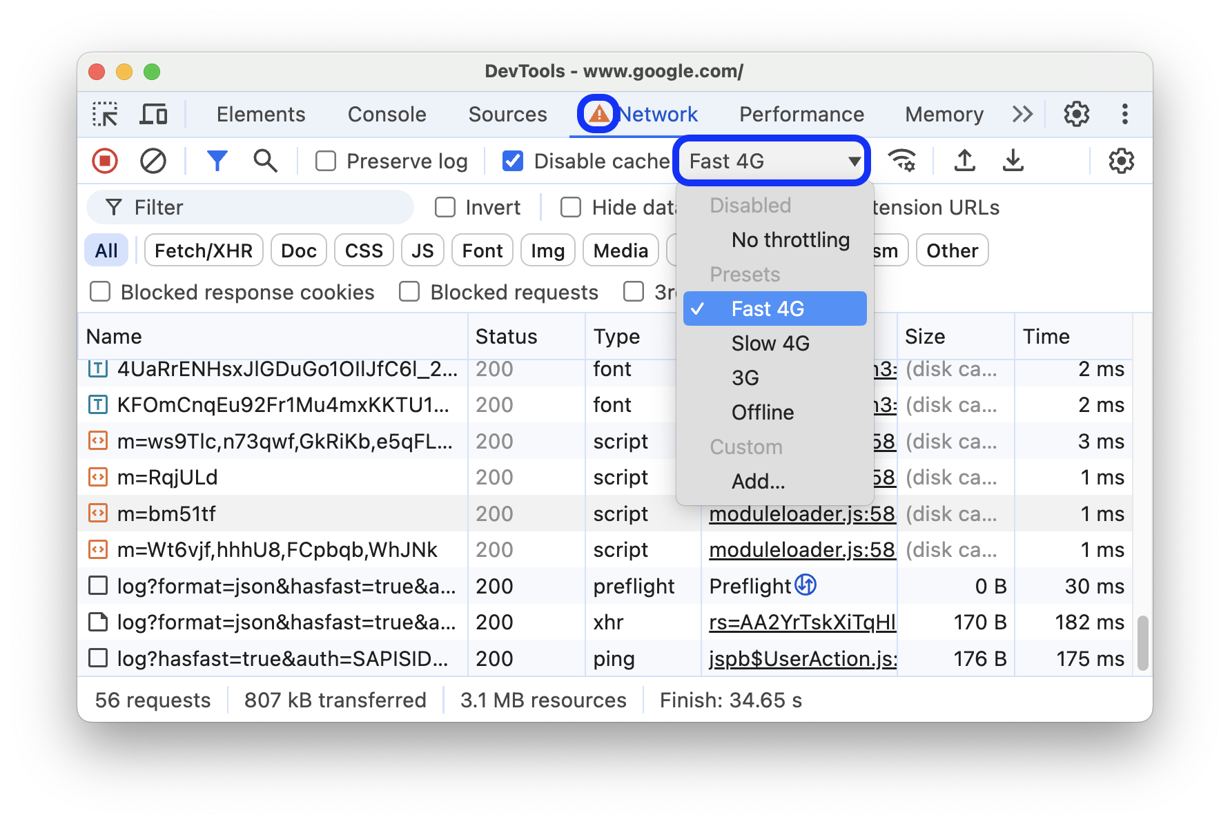 Das Drop-down-Menü für die Netzwerkdrosselung mit Voreinstellungen.