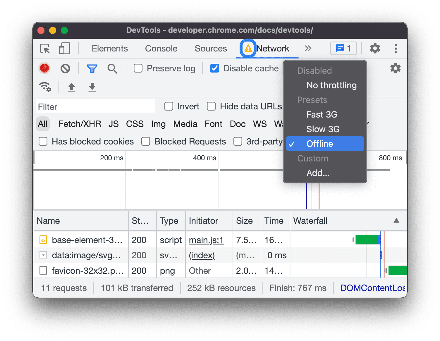 Offline im Drop-down-Menü ausgewählt.