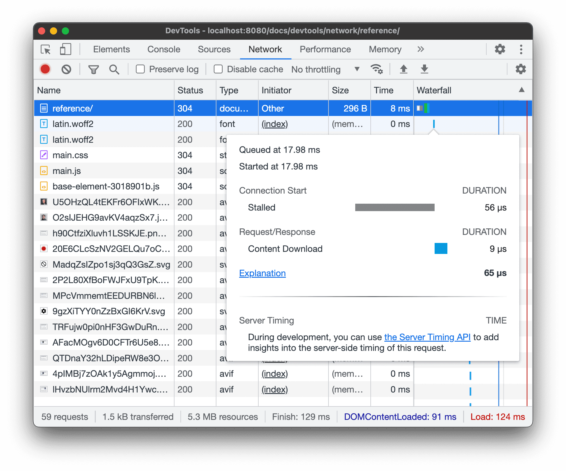 Previewing the timing breakdown of a request.