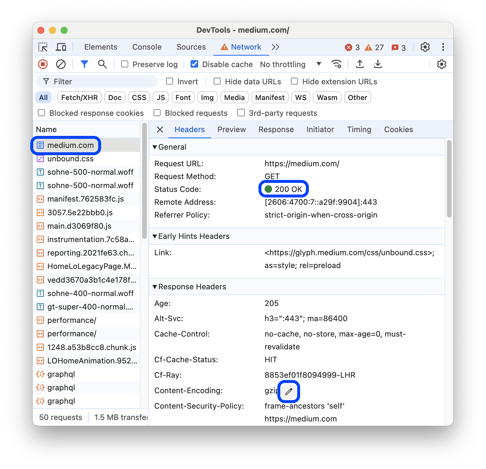 A guia &quot;Cabeçalhos&quot; de uma solicitação selecionada na tabela &quot;Requests&quot;.