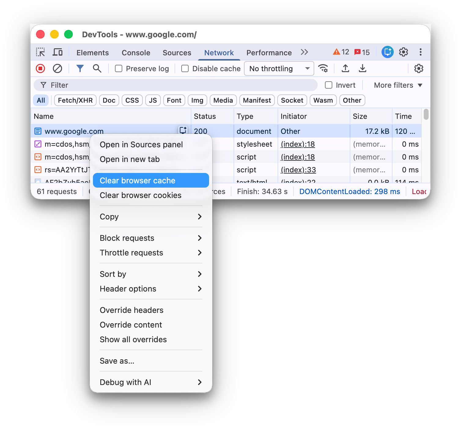 گزینه منوی زمینه برای پاک کردن حافظه پنهان مرورگر.