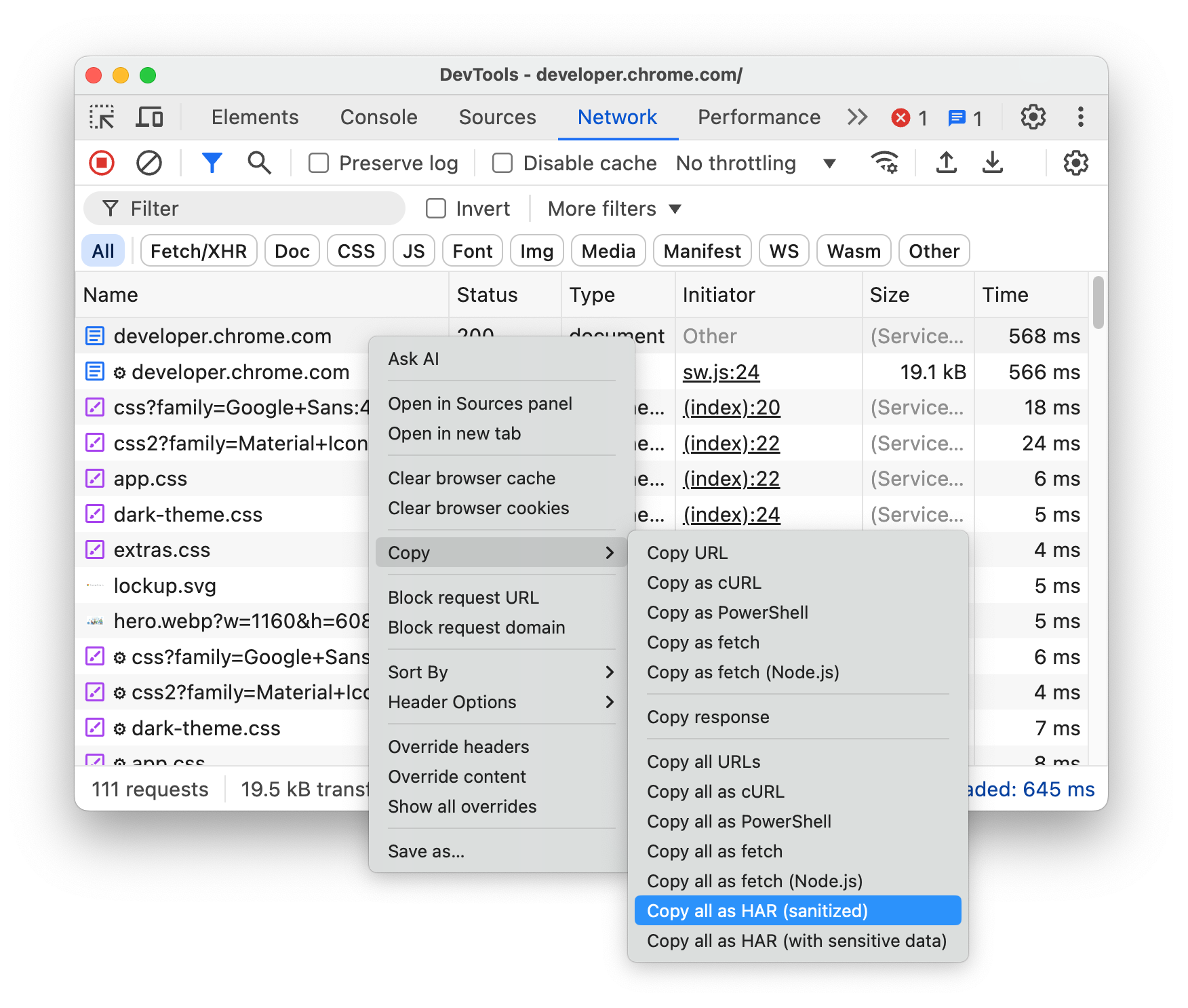 選取「Save all listed as HAR (sanitized)」(將所有列出的項目儲存為 HAR (已處理) 格式)。