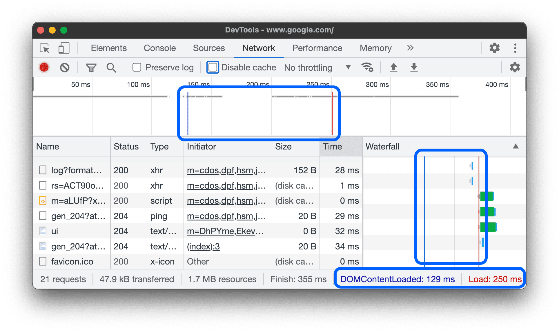 המיקומים של אירועי DOMContentLoaded ו-load בחלונית Network.