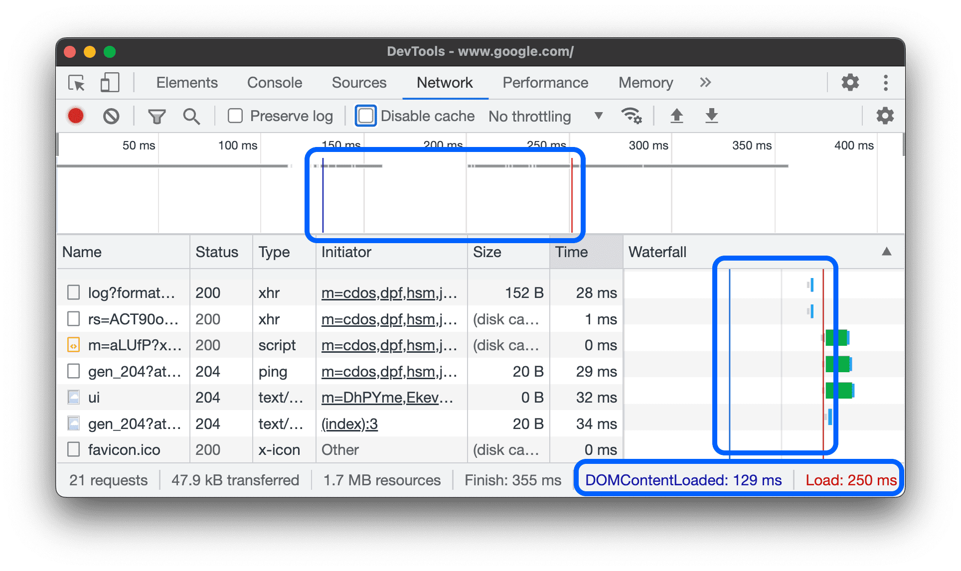 Os locais dos eventos DOMContentLoaded e de carregamento no painel "Rede".