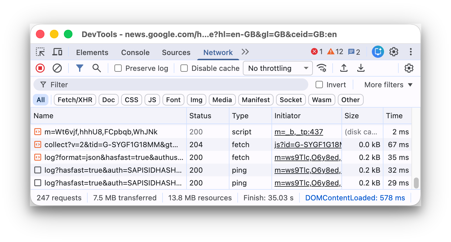 رابط پنل شبکه Chrome DevTools.