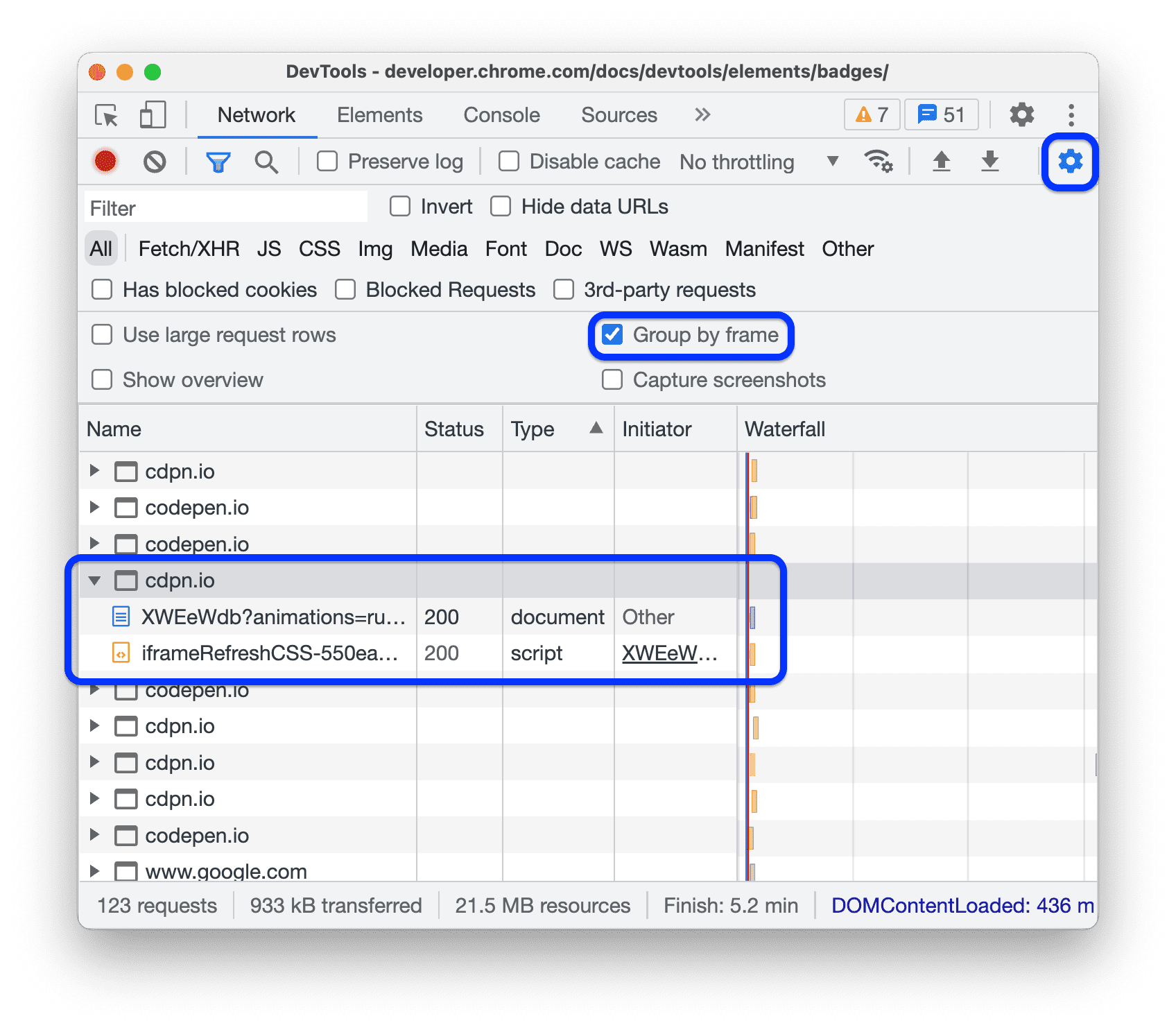 سجلّ طلبات الشبكة مع تجميع الطلبات حسب إطارات iframe