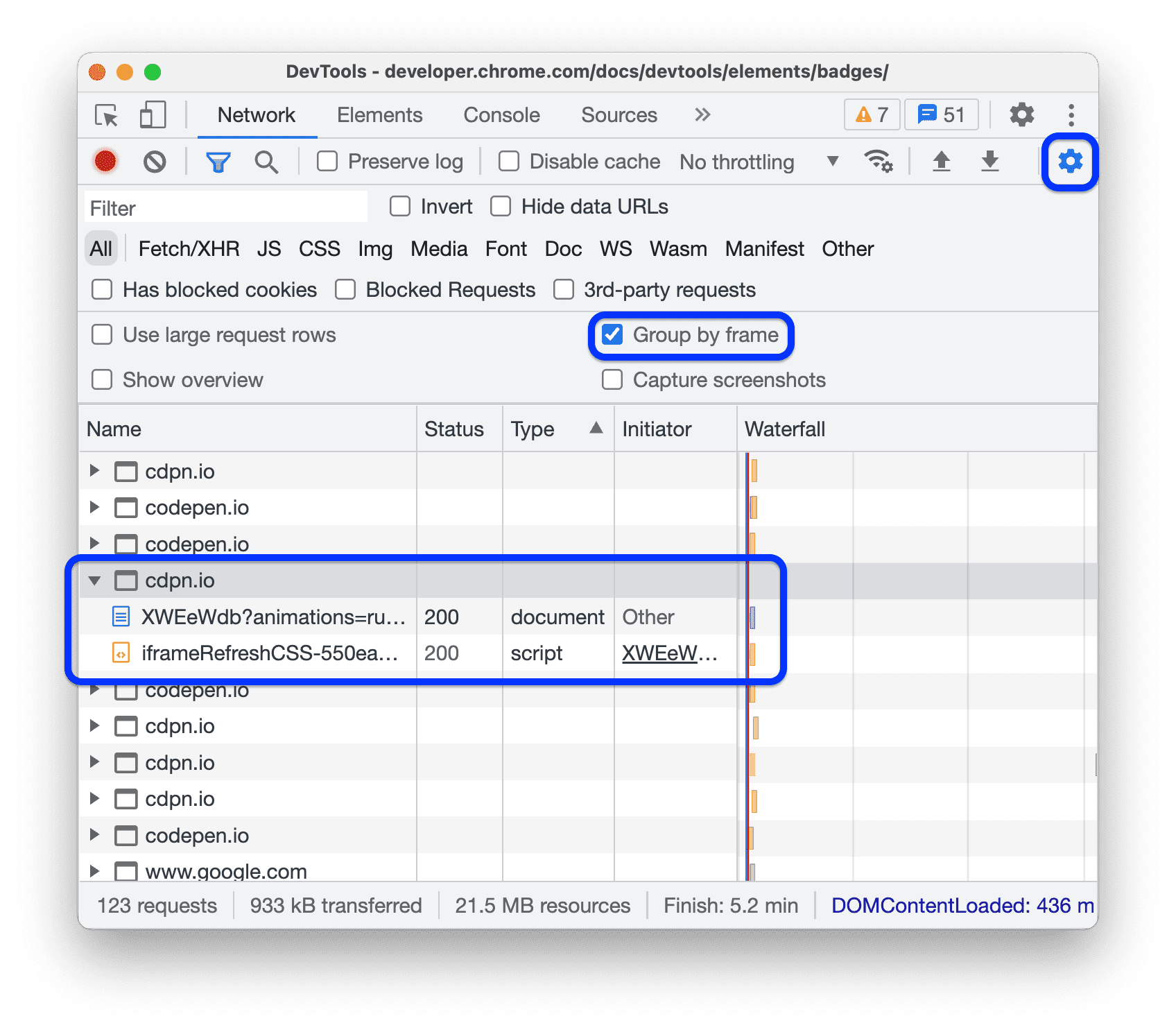 The network request log with requests grouped by iframes.