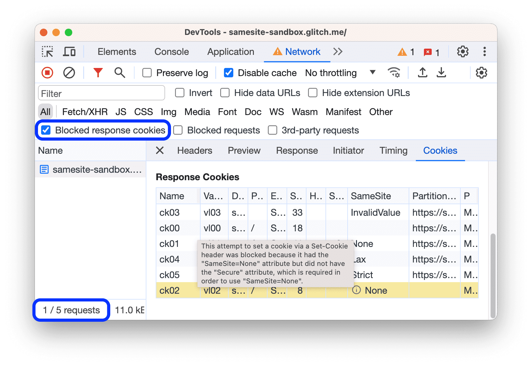 The Requests table shows only the requests with blocked response cookies.