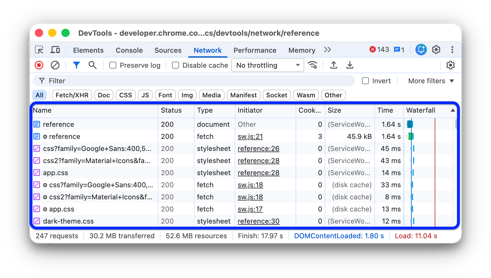 লগ করা নেটওয়ার্ক অনুরোধগুলি Requests টেবিলে তালিকাভুক্ত করা হয়েছে।