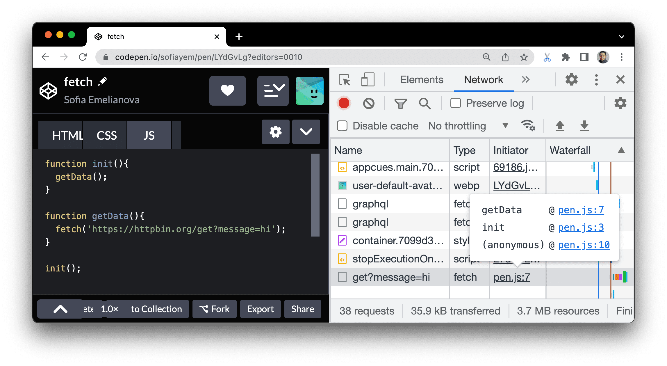 Lo stack trace che porta a una richiesta di risorse.