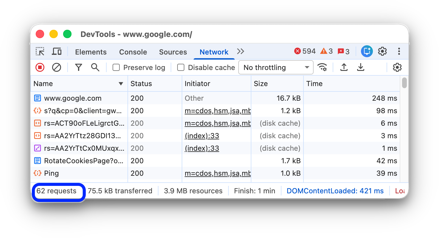 تعداد کل درخواستها از زمان باز شدن DevTools.