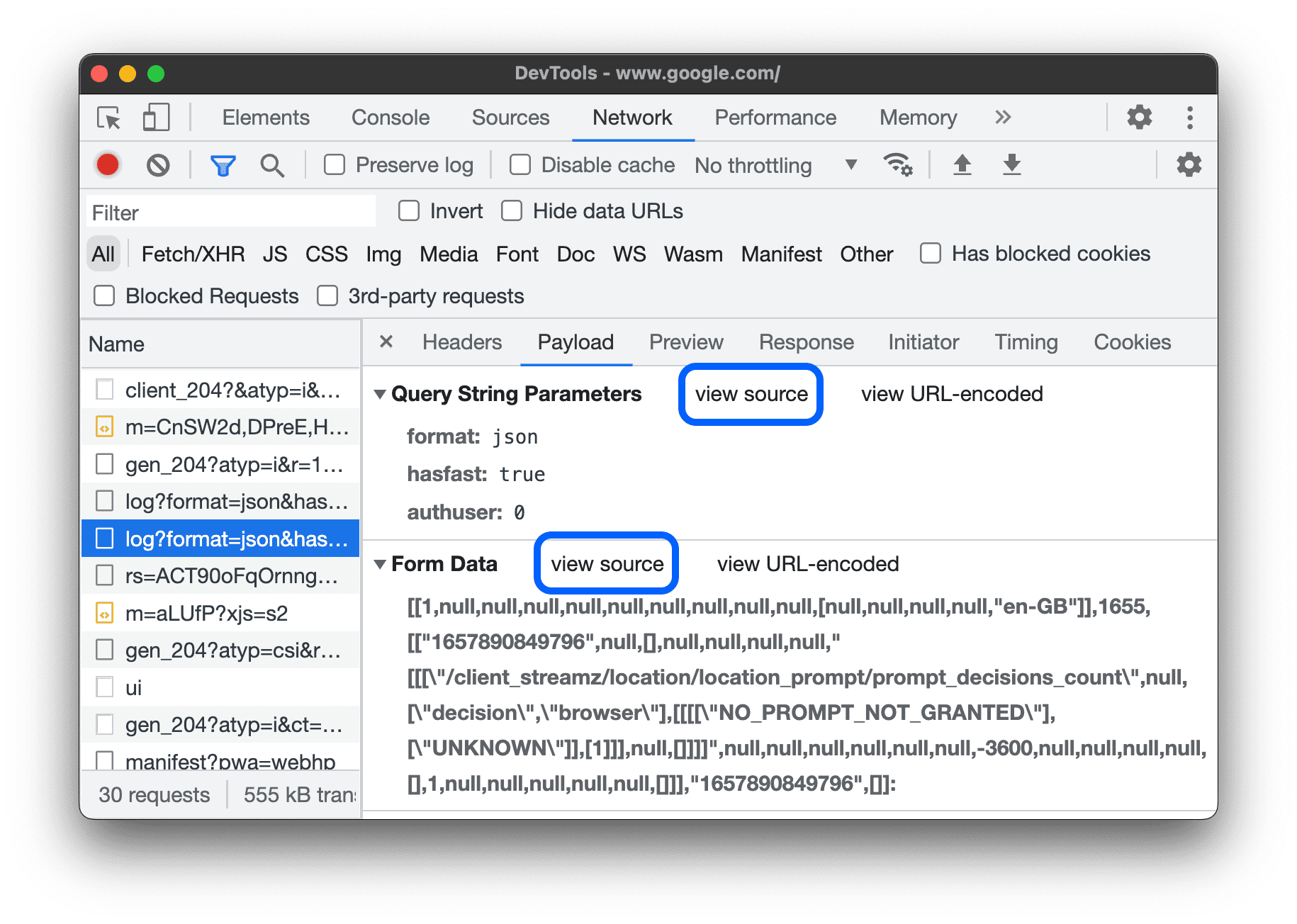 Los botones para ver la fuente
