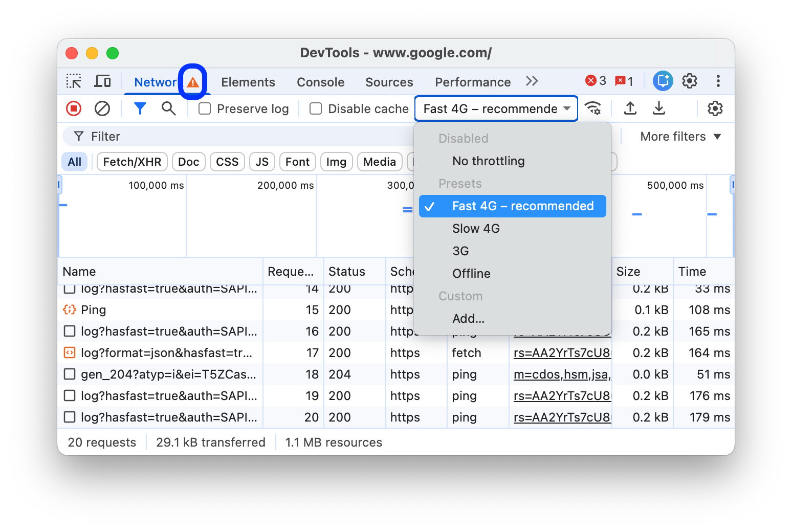 เมนูแบบเลื่อนลงสำหรับการควบคุมเครือข่ายที่มีค่าที่กำหนดไว้ล่วงหน้า