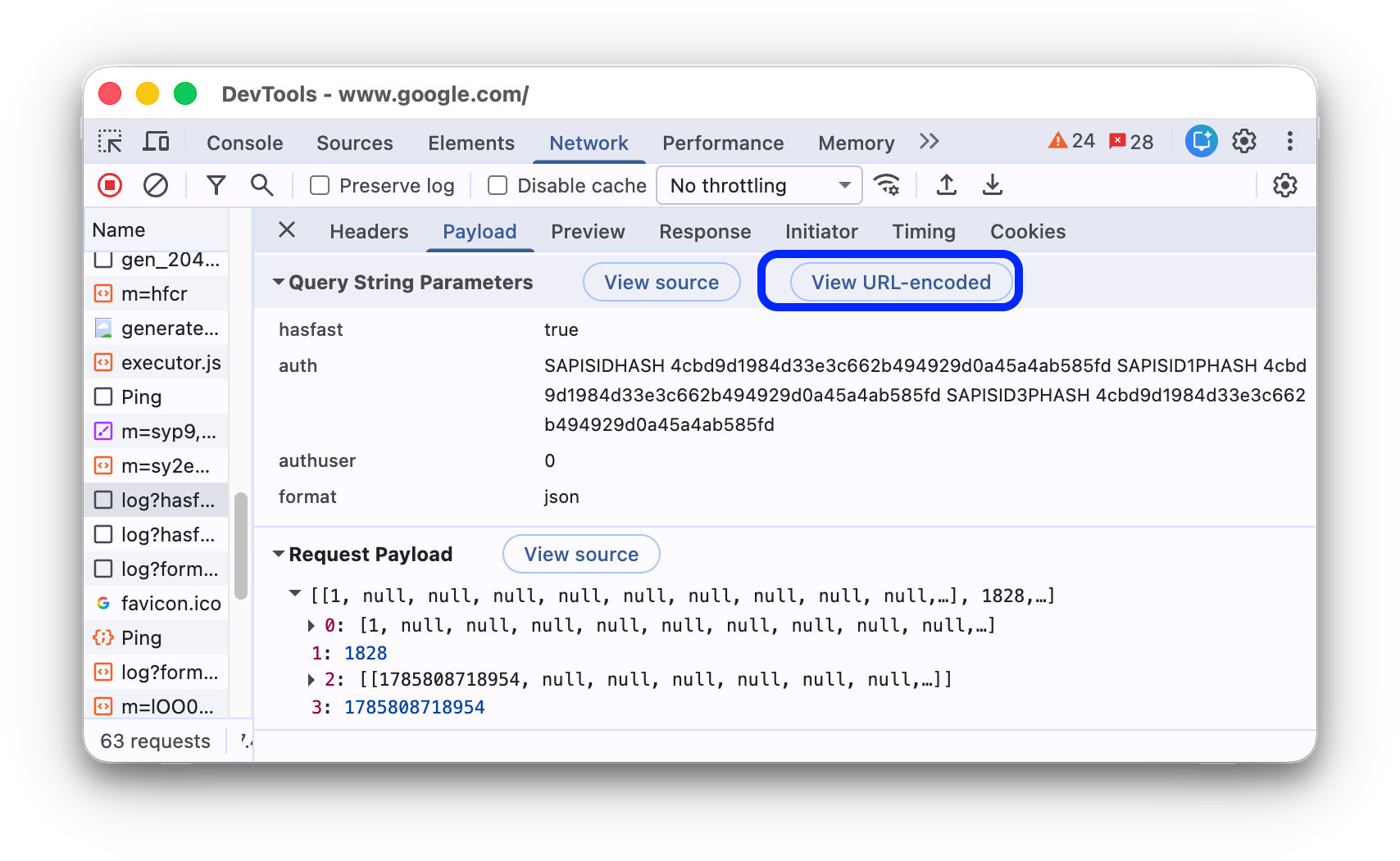 دکمههایی برای فعال/غیرفعال کردن رمزگشایی URL پارامترهای payload.