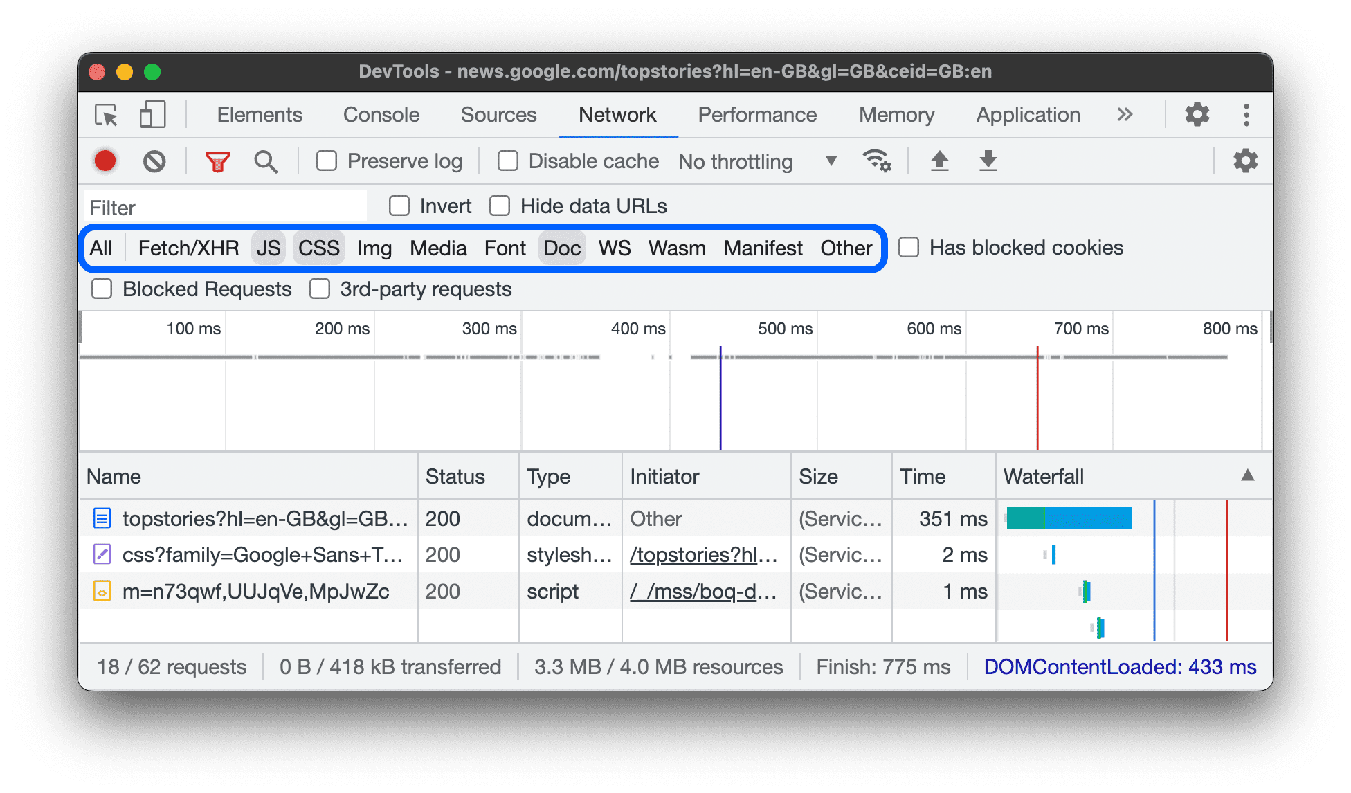 Usar os filtros de tipo para exibir recursos JS, CSS e de documentos.