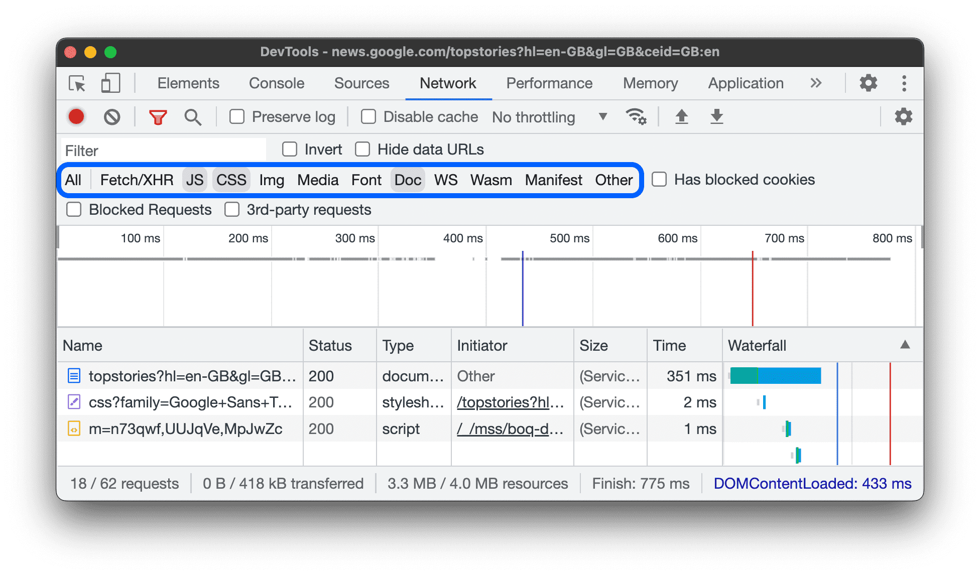 استفاده از فیلترهای نوع برای نمایش منابع CSS و Document.