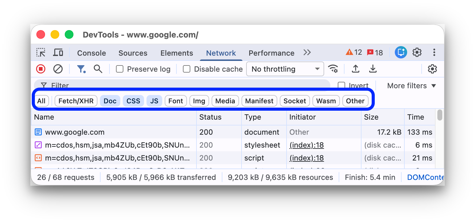 استفاده از فیلترهای نوع برای نمایش منابع CSS و سند.