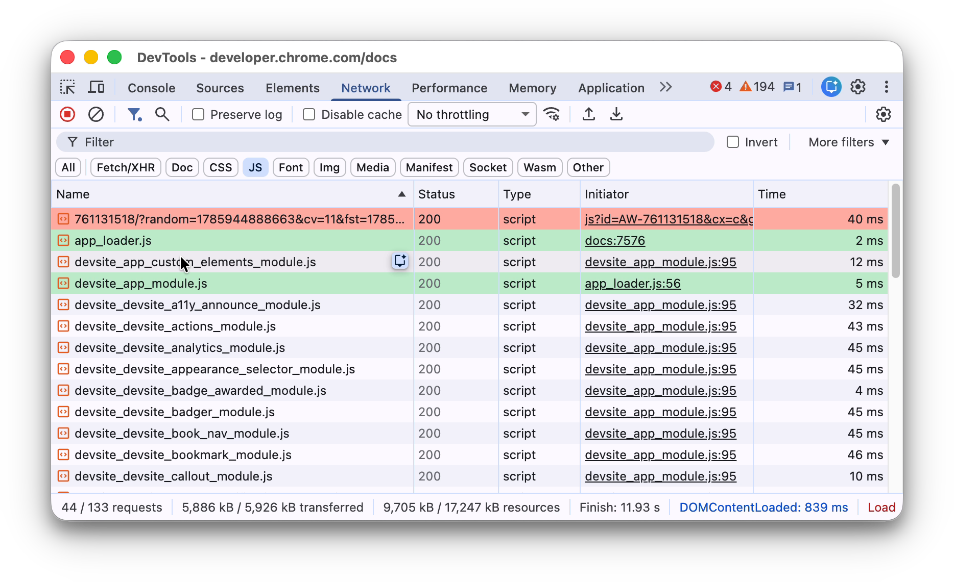 Viewing the initiators and dependencies of a request.