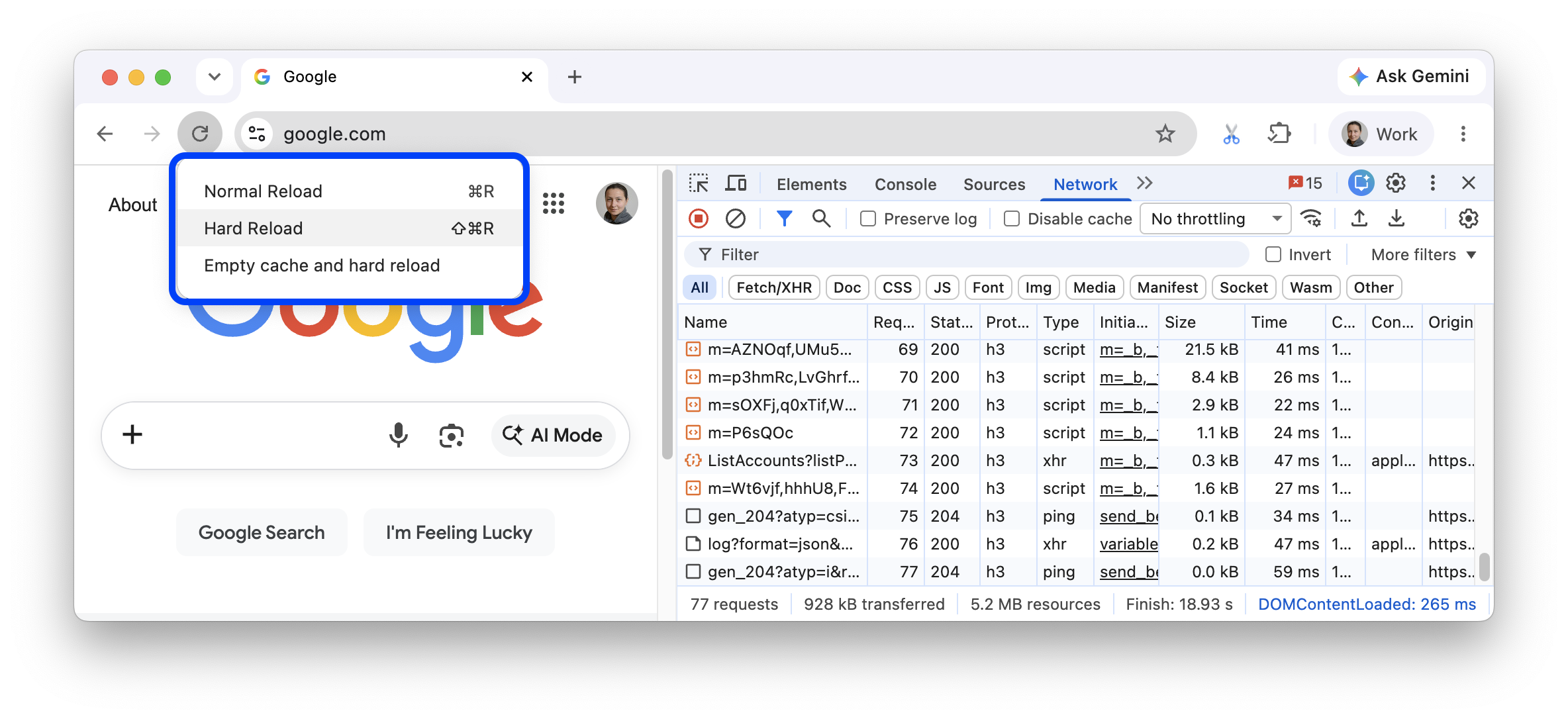 DevTools が開いている状態で 3 つの再読み込みオプションが表示されている。